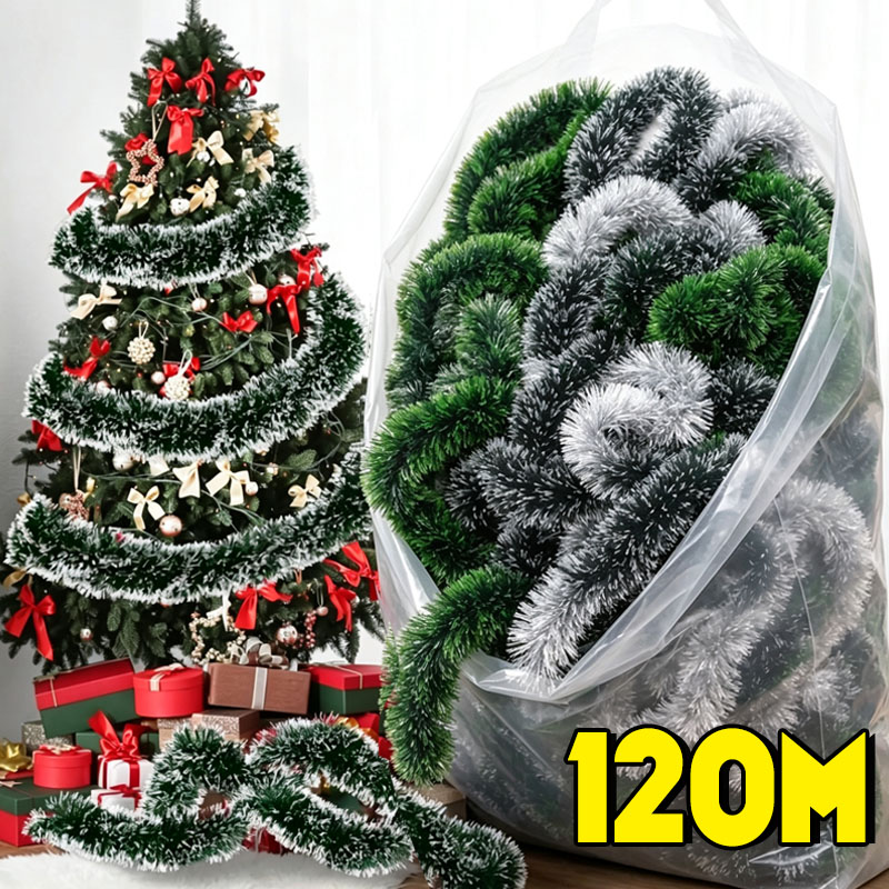 Tinsel Garland Decoration - Zielono-biała świąteczna girlanda z błyszczących lampek,